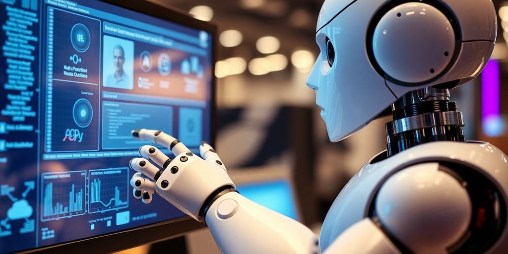 Roboter interagiert mit einem Computerbildschirm.