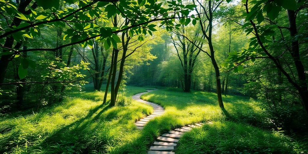 Verbundene Wege im Grünen mit Sonnenlicht.